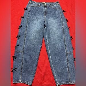 Classic Blue Skinny Jeans with Black Bow Details